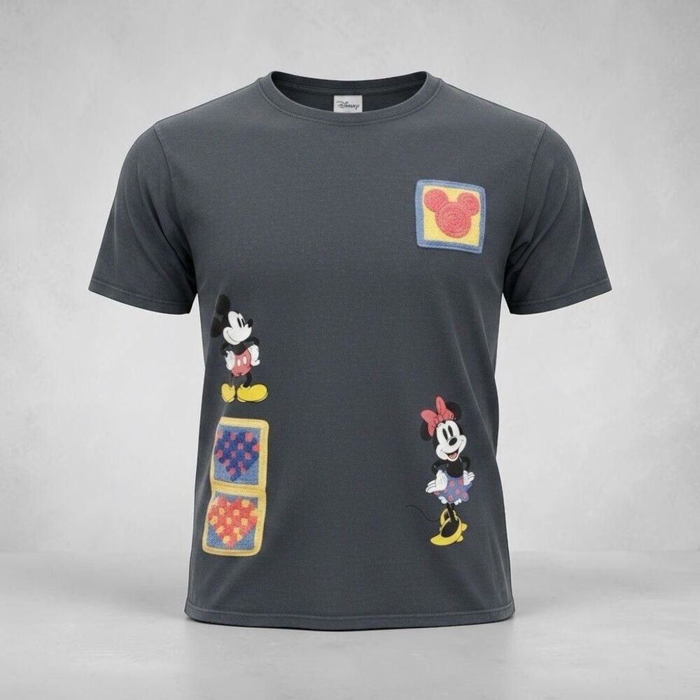 Disney Mickey Minnie Mouse Gray Crochet Patchwork T-Shirt Adult Women XL Freeze